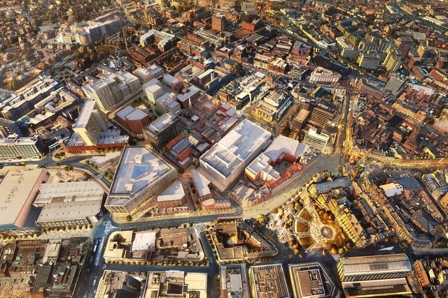 An aerial view of the entire Heart of the City II development in Sheffield city centre.