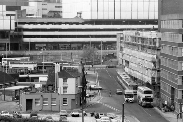 An elevated View of Pond Hill, in Sheffield city centre, in April 1988, looking towards Pond Street Multi Storey Car Park, with River Lane and the Old Queens Head pub visible in the bottom left.
