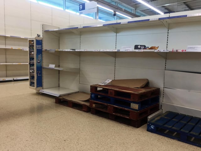 Panic buying has left supermarkets across Doncaster with empty shelves. Tesco Extra, Woodfield Plantation, Woodfield Way, Doncaster , yesterday. Picture: NDFP-17-03-20 EmptyShelves 9-NMSY