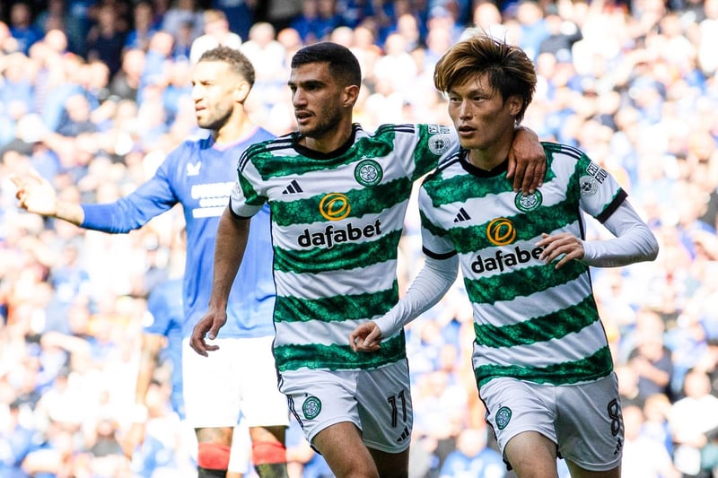 Celtic’s Kyogo Furuhashi celebrates with Liel Abada as he scores to make it 1-0 win over Rangers at Ibrox.