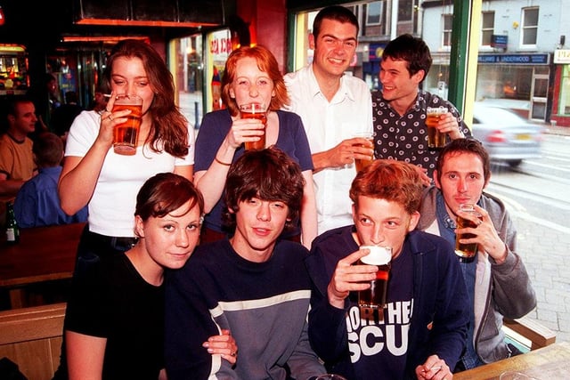 Pictured at the Cavendish Pub, West Street, Sheffield, where young people are seen enjoying a drink. 
Left to right, back row, are: Cathy Abel, Nickie Winsor, Sam Cordery, and Jack Leech. 
Front row, left to right, Mary Kennedy, Nat Cordery, Joe Catchpole, and Christopher Wells (September 1998)