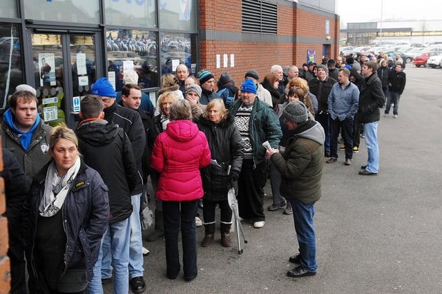 The Blues returned to Wembley two years later in 2014 for the Johnstone's Paint Trophy final against Peterborough United. Town fans pictured queueing for tickets.