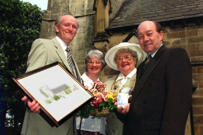 The mayor of Doncaster in 1997 outside of St Michals church where there was a craft fair happening.
Also in the photo: Frank Clark, Anette Clark, and Enoch Layton.
