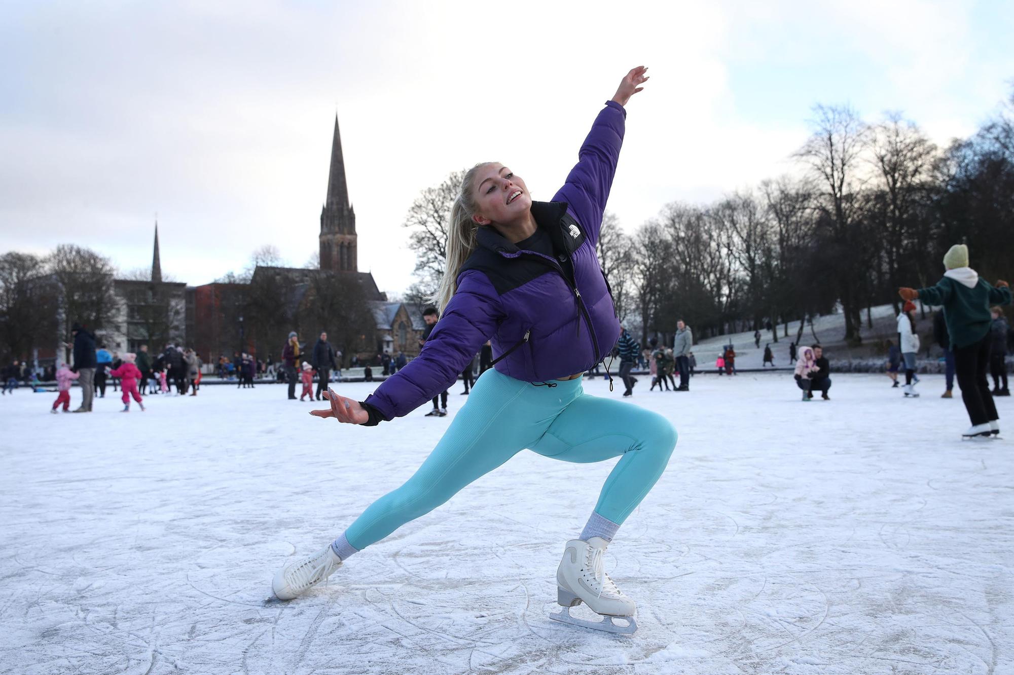 Jenni Kerr (21) ice skates on a frozen pond in Queen's Park in Glasgow . Picture: Andrew Milligan/PA Wire