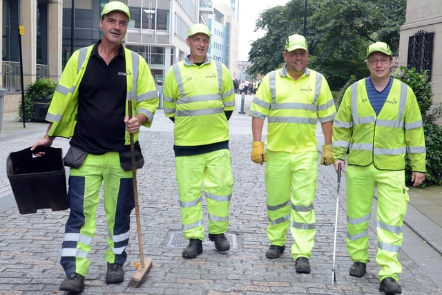 Sheffield's street cleaners at work around the city centre. From left, Kerry Wilson,  James Lilleker, Lee Sterland and Philip Hawkins