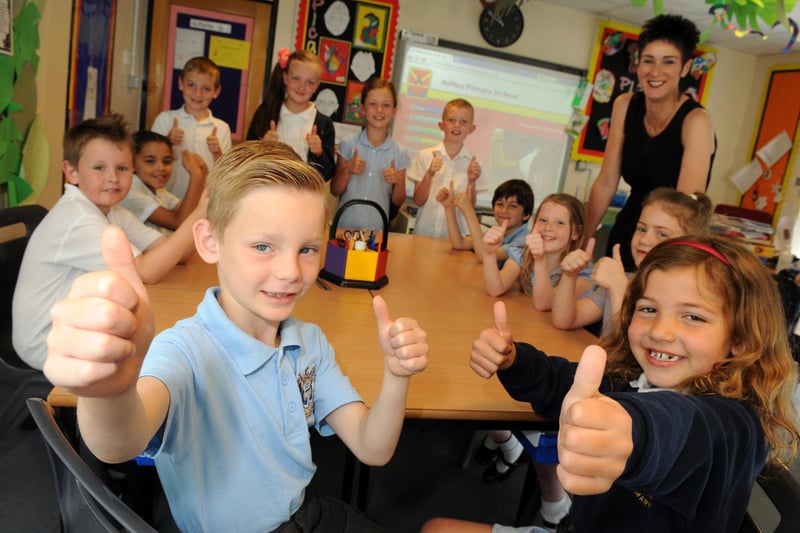 Ashley Primary School pupils celebrate their Ofsted report with headteacher Denise Todd. Can you spot a familiar face?