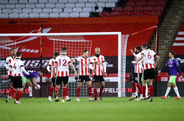 Sheffield United's Billy Sharp (centre left) celebrates with his team-mates after scoring: Tim Goode/PA Wire.