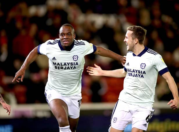 Cardiff City's Uche Ikpeazu (left) celebrates scoring their side's first goal of the game during the Sky Bet Championship match at Oakwell Stadium, Barnsley. Picture date: Wednesday February 2, 2022. PA Photo. See PA story SOCCER Barnsley. Photo: Isaac Parkin/PA Wire.