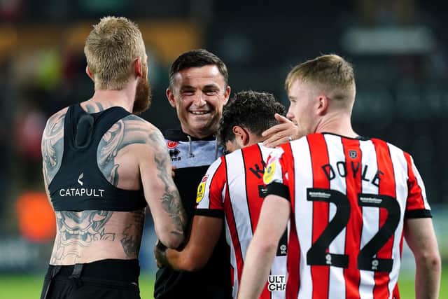 Sheffield United manager Paul Heckingbottom celebrates with his players: David Davies/PA Wire.