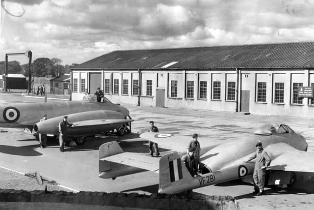 A Meteor, left, and a Vampire at RAF Norton in 1955