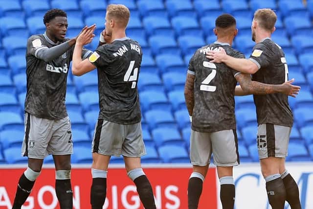 Owls first Day Celebrations after a first day win at Cardiff from Dominic Iorfa,Joost Van Aken,Liam Palmer and Tom Lees. Pic Steve Ellis