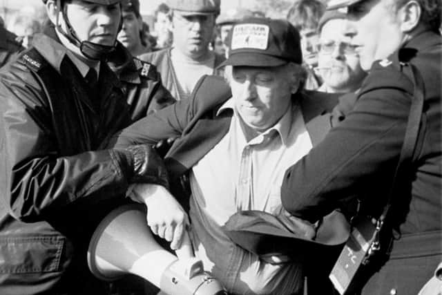 Superintendent John Nesbit arrests Arthur Scargill, NUM President at Orgreave during the 1984-85 miners strike 30 May 1984...© Martin Jenkinson.