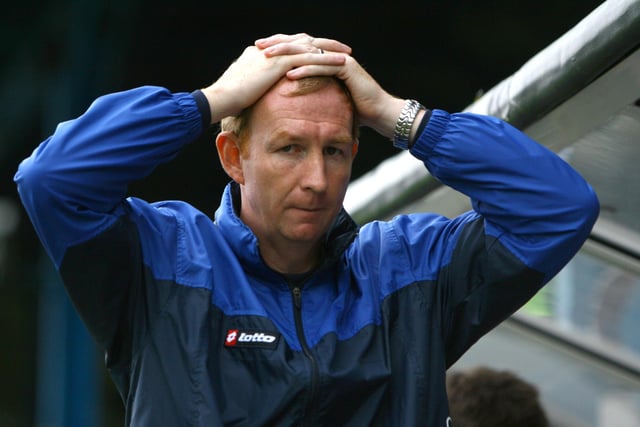 Assistant manager, Alan Knill, shows his feelings after Jack Lester's effort was somehow saved and the Spireites taste their first defeat of the season against Barnet in September 2007.