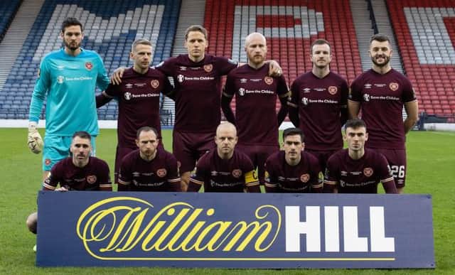 The Hearts starting lineup during the William Hill Scottish Cup Final between Celtic and Hearts at Hampden Park, on December 20, 2020, in Glasgow, Scotland. (Photo by Alan Harvey / SNS Group)