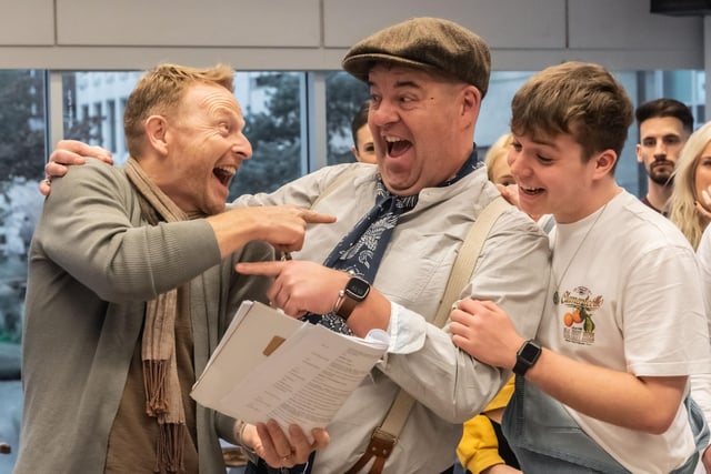 Paul Hendy (Director), Damian Williams and Joey Wilby in rehearsals for Jack and the Beanstalk at Sheffield's Lyceum Theatre