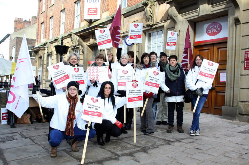 Striking Post Office workers outside Chesterfield Market Place on Saturday Morning, they are concerned over pay offers and the closure of the town centre office in 2013