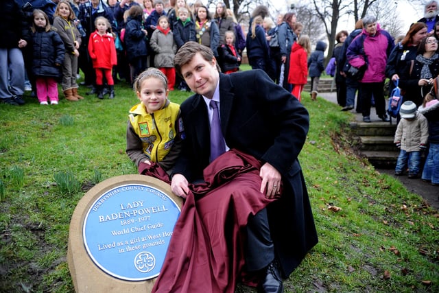 In 2011 Derbyshire County Coucil leader Councillor Andrew Lewer and Chesterfield Ist Holme Hall Brownie, nine-year-old Hallie Baron unveiled of a blue plaque on the site of the home of the World Chief Guide Lady Olave Baden-Powell  in Shentall Memorial Gardens, Chesterfield