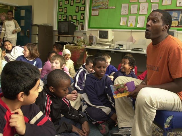 Ethiopian poet Lemn Sissay  pictured during a reading at the Porter Crof Primary school as part of their  Black History Week in 2003