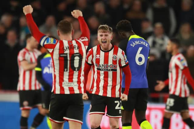 Tommy Doyle of Sheffield United celebrates at full time after victory over Tottenham Hotspur in the FA Cup: Simon Bellis / Sportimage