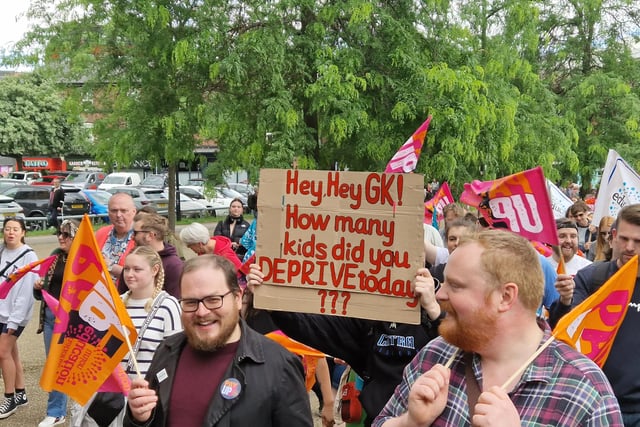 This strongly worded placard attacks the Secretary of State for Education Gillian Keegan, who is the 10th the Conservative Government has had since 2010.