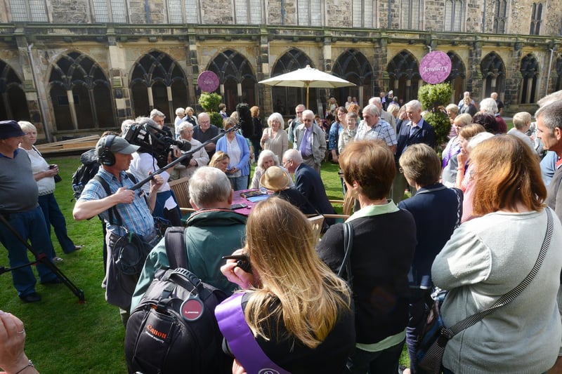 The BBC Antiques Road Show at Durham Cathedral on a sunny day in 2014.