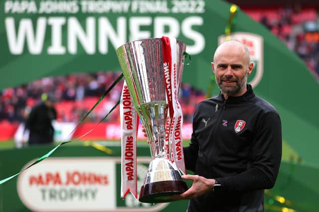 Paul Warne with the Papa John's trophy (photo by Catherine Ivill/Getty Images).