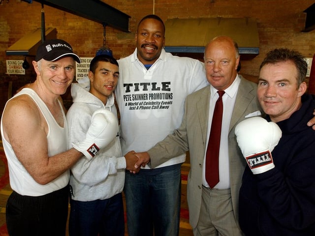 Pete Skinner, second from right, called into Brendon Ingle's Newman Road gym to sponsor one of up his and coming boxers, Esham Pickering, second left. Left to right are, Brendan, Esham Pickering, ex world champ Tim Witherspoon, Pete Skinner and John Daly, September 2003