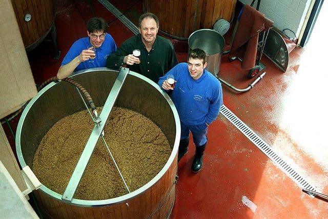Dave Wickett, centre, with the first brew at the Kelham Island Brewery with, left, Andrew Eccles and right, Paul Ward, March 1999