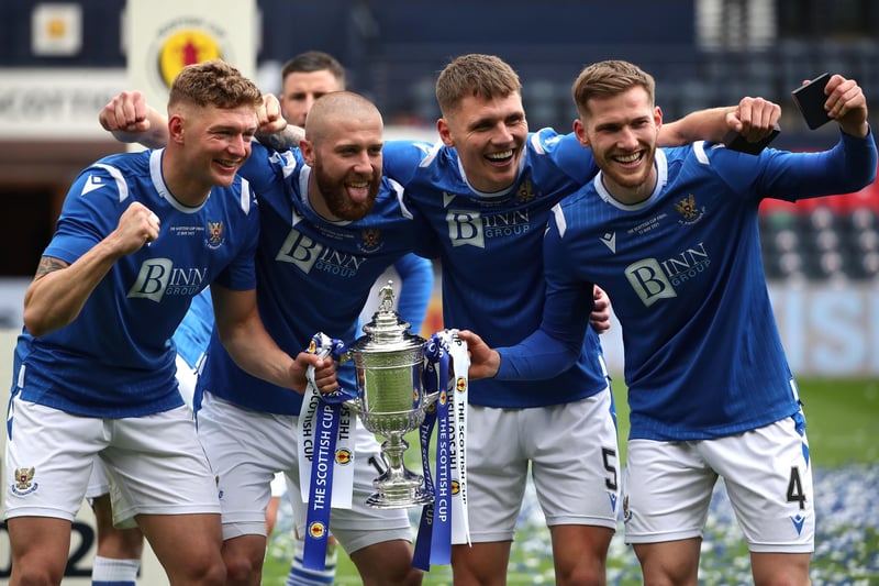 St Johnstone's Liam Gordon, Shaun Rooney, Jason Kerr and Jamie McCarthy (left-right) celebrate after the final whistle during the Scottish Cup final match at Hampden Park,
