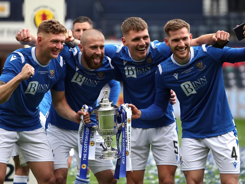 St Johnstone's Liam Gordon, Shaun Rooney, Jason Kerr and Jamie McCarthy (left-right) celebrate after the final whistle during the Scottish Cup final match at Hampden Park,