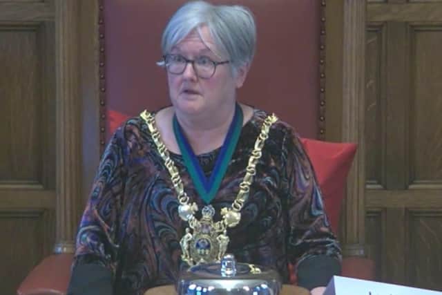 Lord Mayor of Sheffield, Coun Sioned-Mair Richards, chairing a meeting of Sheffield City Council