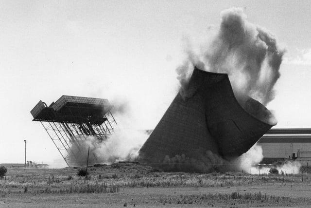 A cooling tower at Hartlepool steelworks is demolished in 1990