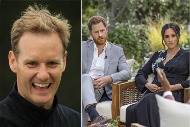 Dan Walker (Photo by Andrew Redington/Getty Images) and Harry and Meghan (Photo by Harpo Productions/Joe Pugliese via Getty Images)