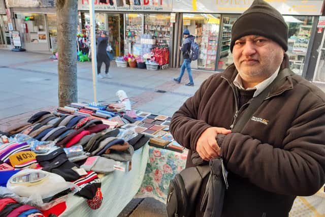 Najam Zahoor, who sells caps, wallets and jewellery at Moorfoot: “I’ve had no customers and no sales. And I can’t have a heater to keep warm.”