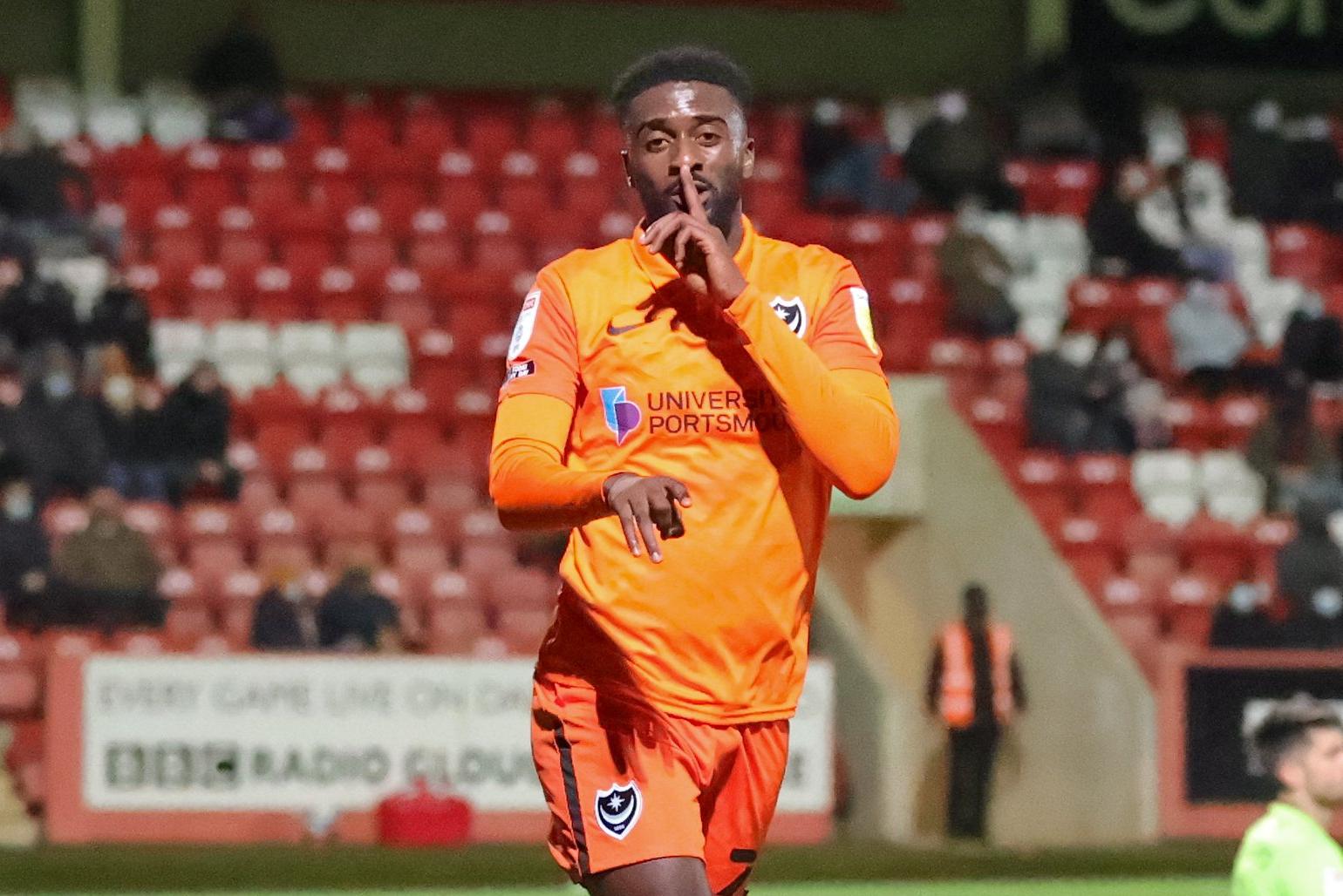 Jordy Hiwula celebrates his second goal in Pompey's Papa John's Trophy win against Cheltenham