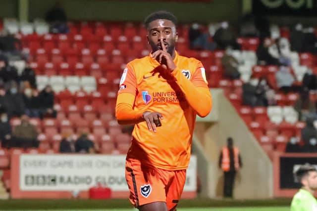 Jordy Hiwula celebrates his second goal in Pompey's Papa John's Trophy win against Cheltenham