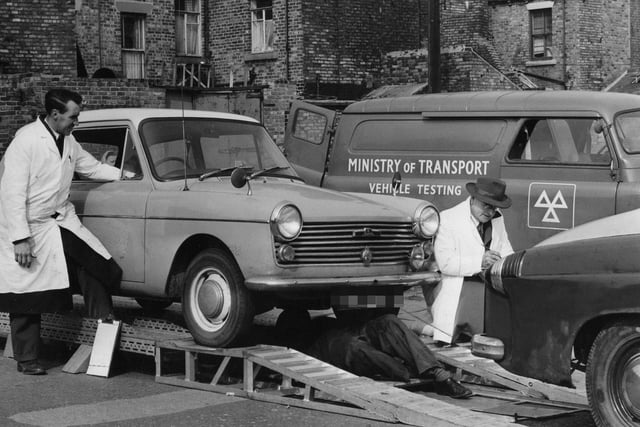 Ministry of Transport officials making on-the-spot test of private cars at South Shields in April 1963.