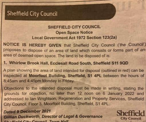 The advert was in the Public Notices section in the Sheffield Telegraph and issued by Gillian Duckworth, director of legal and governance.