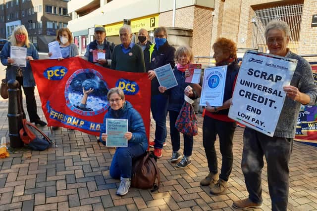 Protesters outside the Department of Work and Pensions at Hartshead Square, Sheffield, fighting the ending of £25 extra payments on Universal Credit