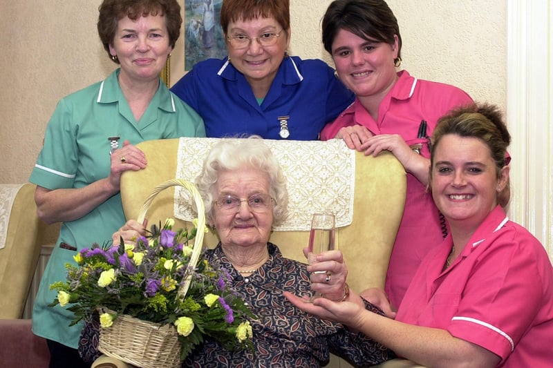 Ida Neal, who lived at Rock House Residential Home, Tickhill, celebrated her 100th birthday in 2002, pictured with staff members, from left, care assistant Margaret Connolly, senior supervisor Kate Martin, and senior care assistants Lynne Stanfield and Anita Hudson.
