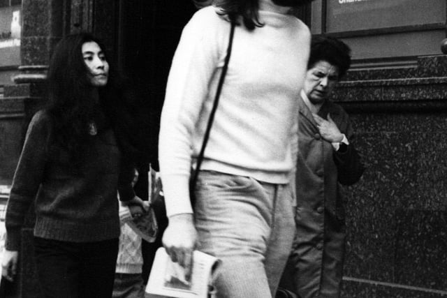 John Lennon and Yoko Ono in Shandwick Place in Edinburgh, 1969. John reportedly visited Lizars on Shandwick Place and purchased a pair of binoculars for his trip north to Durness.