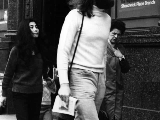 John Lennon and Yoko Ono in Shandwick Place in Edinburgh, 1969. John reportedly visited Lizars on Shandwick Place and purchased a pair of binoculars for his trip north to Durness.