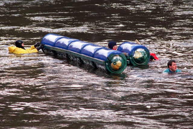 Pictured during the annual Boxing day charity raft race on the river Derwent starting at Matlock and finishing at Cromford in 1999