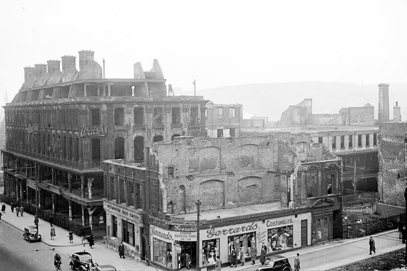 Almost 700 people were killed during the air raids of the Sheffield Blitz, which was 12/13 and 15/16 December during World War Two, as bombers attacked the city. Over 82,000 houses of a total stock of 150,000 were damaged. A number of well known buildings were also badly damaged or destroyed. PIcture shows buildings damaged by the blitz in Sheffield - High Street and The Moor