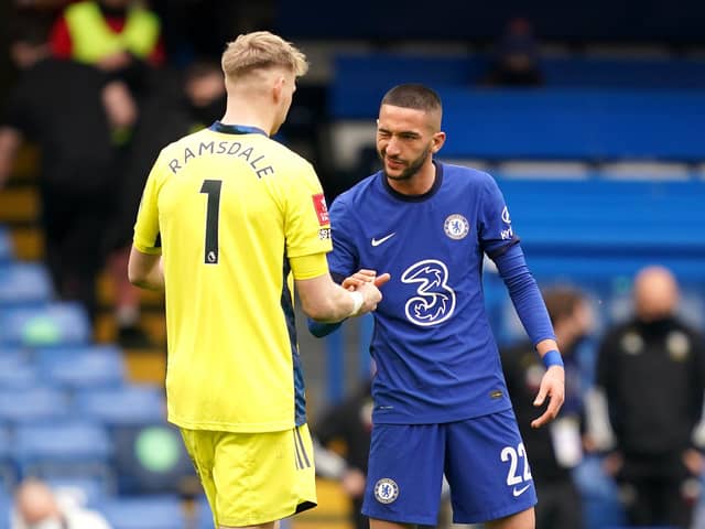 Chelsea's Hakim Ziyech (right) shakes hands with Sheffield United goalkeeper Aaron Ramsdale: John Walton/PA Wire.