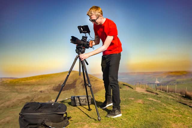 Filming paragliders with the Blackmagic Pocket Cinema Camera at Mam Tor in the Peak District.