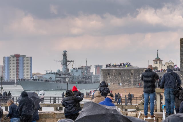 Family and Friends gather to wave off loved ones aboard Type 23 Frigate, HMS Kent,
departing HMNB Portsmouth at the start of Carrier Strike Group (CSG) 21 deployment. 
Picture: Shaun Roster