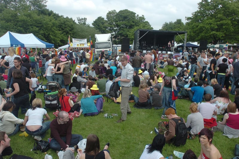 Pictured at the Cemetery Park, Montague Street, Sheffield, where Sheffield's first Pride event was held. Seen is the crowd and the stage at the event.