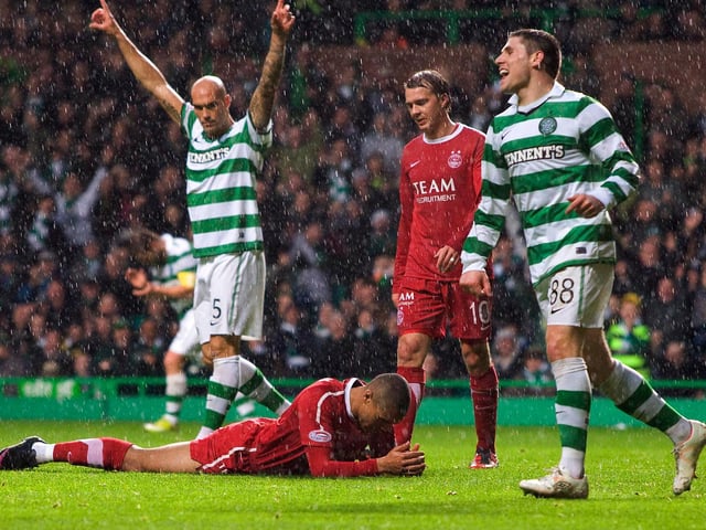 The biggest Scottish top flight win since the SPL inception in 1998. Gary Hooper scored a hat-trick in a match which also featured three penalties and a Josh Magennis own goal. Dons boss Mark McGhee lasted just two more games.