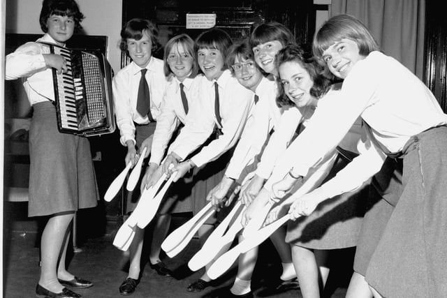 John Watson's School pupils practicing a routine involving clubs that was to entertain audiences at the Churchill Theatre in Edinburgh in July 1966.
